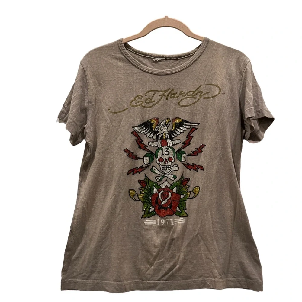 Ed Hardy Y2K vintage tee skull rose red green gold grey casual short sleeve Med - Picture 1 of 9